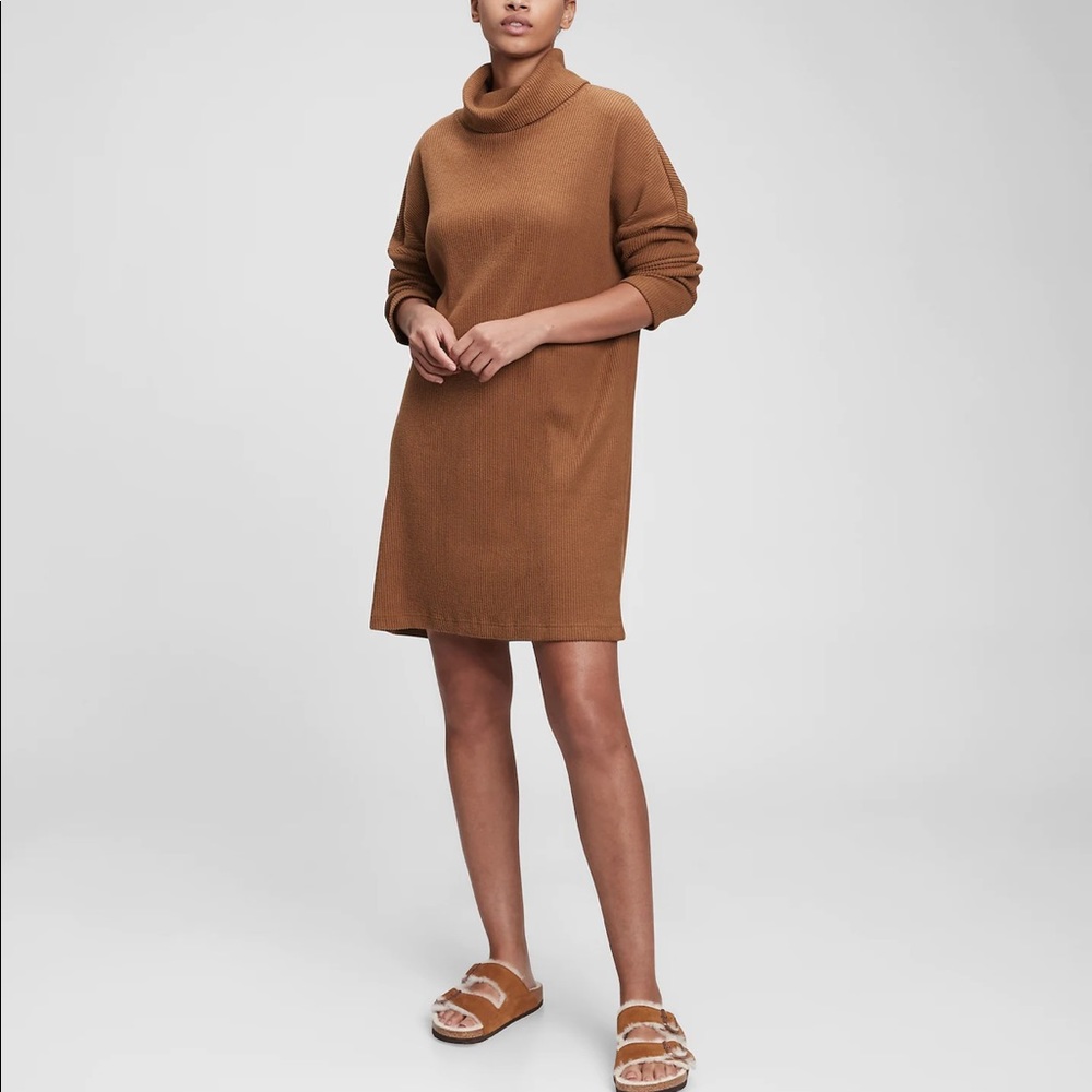 Cozy Gap cowl-neck dress in camel; size is medium tall